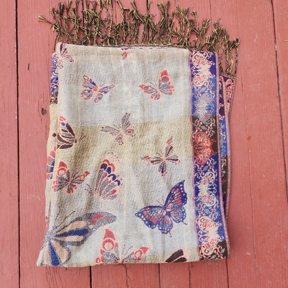 Butterfly Scarf Burgundy Beige Wrap Shawl Fringe 26 x 64 - Picture 3 of 7